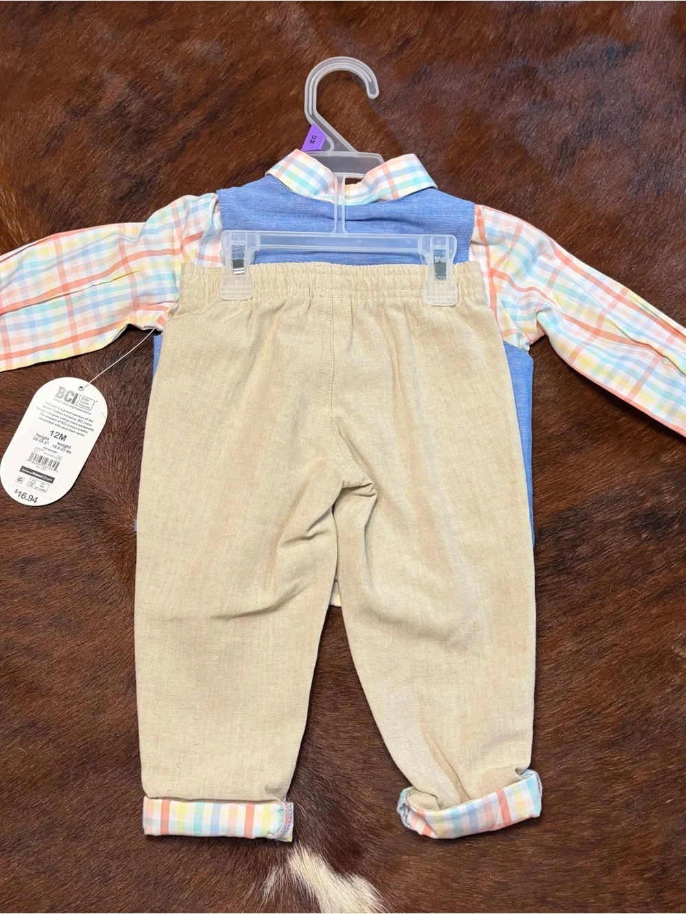 wonder nation Blue Vest & Pastel Plaid Shirt Set with Tan Pants